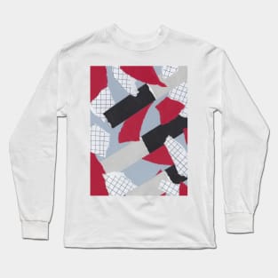 Checkers and Bars - Red, Blue, White - Abstract Mixed Torn Paper Collage Long Sleeve T-Shirt